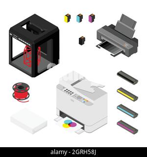 Concept de maison d'impression. Imprimante 3D, impression laser et consommables impression de haute qualité vue isométrique. Isolé sur fond blanc. Vecteur Illustration de Vecteur