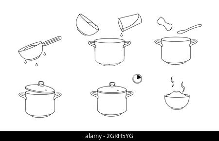 Comment faire cuire le riz avec peu d'ingrédients recette facile. Le processus d'instruction de riz pour le petit déjeuner. Bol chaud avec une cuisine savoureuse. Illustration de Vecteur