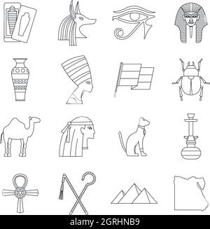 Articles de voyage Égypte icons set style du contour, Illustration de Vecteur