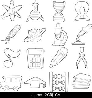 L'éducation scientifique icons set, style du contour de dessin animé Illustration de Vecteur