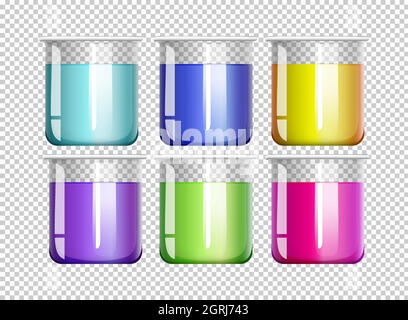 Six béchers remplis de liquide coloré Illustration de Vecteur