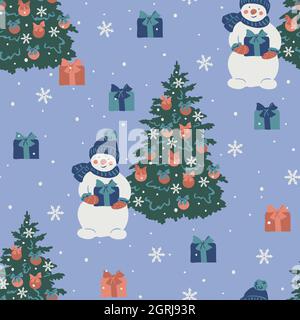 Motif vectoriel sans couture avec bonhomme de neige et sapin de Noël avec boules. Design hivernal traditionnel. Illustration de Vecteur