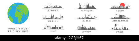 Collection des lignes aériennes les plus épiques au monde, grandes villes du Globe, Varsovie, New York, Sydeny, Tokyo,Amsterdam, Londres, Paris Illustration de Vecteur