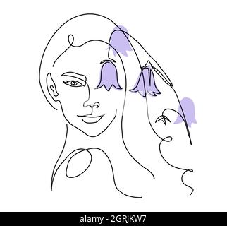 Dessin de la ligne de visage de fille avec des cloches fleurs. Illustration moderne à vecteur de ligne continue des fleurs de visage et de couleur Illustration de Vecteur