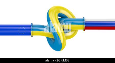 Crise entre la Russie, l'Ukraine et l'Europe. Pipeline avec nœud sur fond blanc. Illustration 3D isolée Banque D'Images