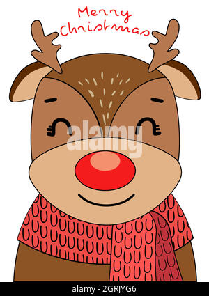 Carte de Noël avec un joli cerf dans un foulard rouge Illustration de Vecteur