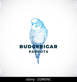 Modèle de symbole, de symbole ou de logo vectoriel abstrait de style esquisse. Silhouette de perroquet de Budgerigar dessinée à la main. Emblème d'oiseaux exotiques de qualité supérieure. Isolé Illustration de Vecteur