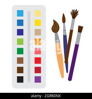 Peintures artistiques et quatre pinceaux, fournitures artistiques pour la peinture et le dessin. Illustration vectorielle de style dessin animé à plat. Kit art. Matériaux pour Illustration de Vecteur