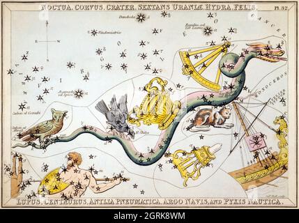 Sidney Hall (1788-1831) miroir d'Urania - Noctua, Corvus, Crater, Sextans Urani, Hydra, Felis, Lupus, Centaurus, Antlia Pneumatica... c 1825. Banque D'Images