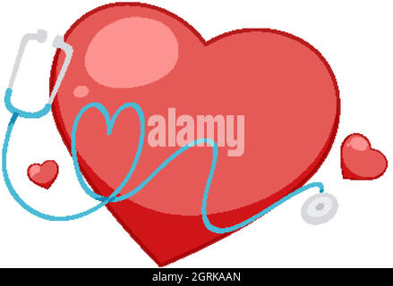 Grand cœur rouge avec stéthoscope géant sur fond blanc Illustration de Vecteur