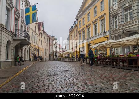 TALLINN, ESTONIE - 22 AOÛT 2016 : les gens marchent le long de la rue pavée Pikk dans la vieille ville de Tallinn. Banque D'Images