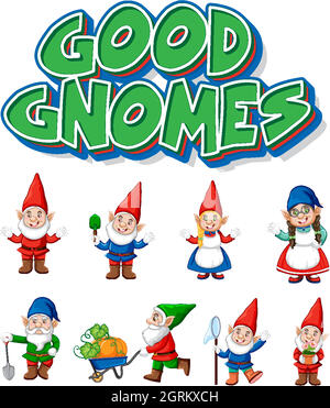 Bon logo de gnomes avec beaucoup de gnomes mignons sur fond blanc Illustration de Vecteur