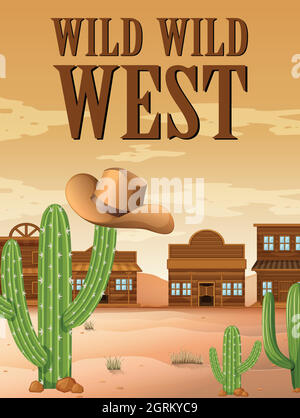 Affiche ouest sauvage avec bâtiments dans le désert Illustration de Vecteur