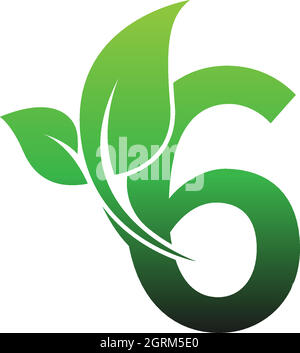 Numéro 6 avec illustration du modèle de logo d'icône de feuille verte Illustration de Vecteur