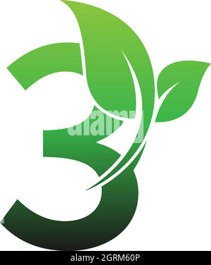Numéro 3 avec illustration du modèle de logo d'icône de feuille verte Illustration de Vecteur