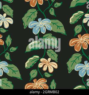 Arrière-plan à motif vectoriel sans couture. Art et artisanat de style ocre, fleurs bleues, feuillage vert sur fond noir. Répétition botanique chaude Illustration de Vecteur