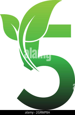 Numéro 5 avec illustration du modèle de logo d'icône de feuille verte Illustration de Vecteur