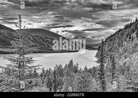 Canada, territoire du Yukon, Dawson City, fleuve Yukon, vue du sentier de la 9e avenue, monochrome Banque D'Images