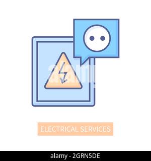 Services électriques - icône de style de conception de ligne moderne sur fond blanc. Image nette et détaillée de la prise femelle et de la foudre. Attention haute tension. Fonctionne avec Illustration de Vecteur