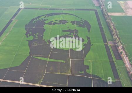 Non exclusif: DHAKA, BANGLADESH - 13 MARS 2021: Vue aérienne du portrait de Bangabandhu Sheikh Mujibur Rahman sur un riz de campagne avec une dimension Banque D'Images