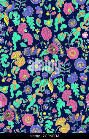 Motif fleuri sans couture sur le fond. Illustration de vecteur ethnique. Fleurs et oiseaux fantaisie. Style oriental Illustration de Vecteur