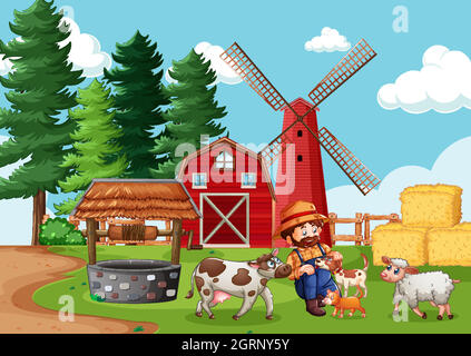 Fermier avec ferme d'animaux dans la scène de ferme dans le style de dessin animé Illustration de Vecteur