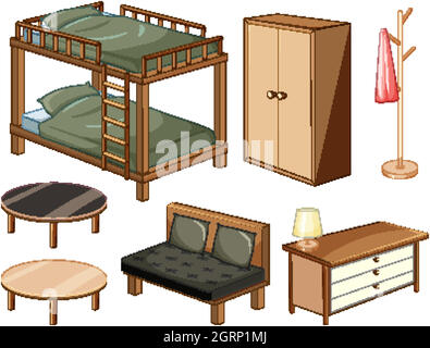 Mobilier de chambre objets isolés sur fond blanc Illustration de Vecteur