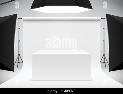 Prise de vue de produit professionnelle scène Illustration vectorielle réaliste. Installation studio photo avec table rectangulaire blanche, papier de fond et lumières studio lumineuses. Illustration de Vecteur