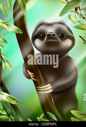 Imprimé glossaire dans la forêt tropicale. Adorable sloth souriant dans l'arbre avec le soleil brille. Œuvres d'art tropicales. Banque D'Images