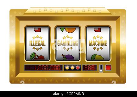 Machines de jeu illégales - machine à sous dorée avec trois bobines lettrage MACHINE DE JEU ILLÉGALE - illustration sur fond blanc. Banque D'Images