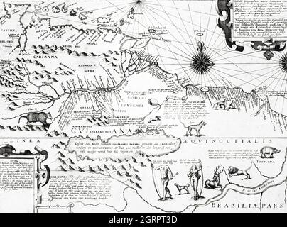 Carte d'Amérique de Grand voyages (1596) par Theodor de Bry (1528-1598). Banque D'Images