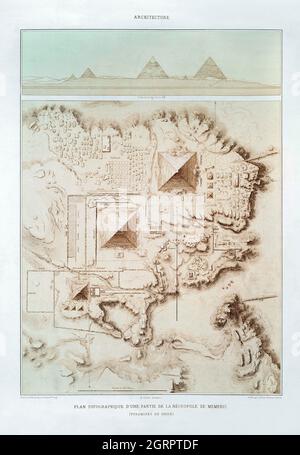 Carte topographique d'une partie de la nécropole Memphite (Pyramides de Gizeh) de l'Histoire de l'art égyptien (1878) par Émile Prisse d'Avennes. Banque D'Images
