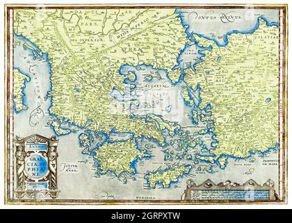 Kaart néerlandais van Griekenland par Abraham Ortelius (1527-1598).Carte de Grèce. Banque D'Images