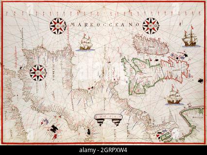 atlas de Portolan de la mer Méditerranée, de l'Europe occidentale et de la côte nord-ouest de l'Afrique: Carte du monde dessinée sur une projection ovale (ca. 1590) Banque D'Images