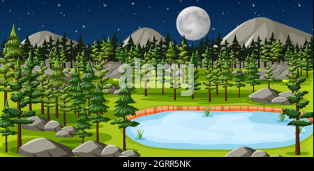 Parc naturel avec paysage de lac à la scène de nuit Illustration de Vecteur