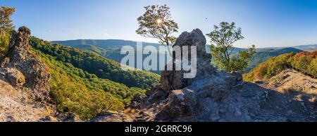 Montagnes de Visegrad : vadallo kövek (pierres de Vadallo), pierres volcaniques, crête de montagne dans le parc national du Danube-Ipoly, Pest, Hongrie Banque D'Images