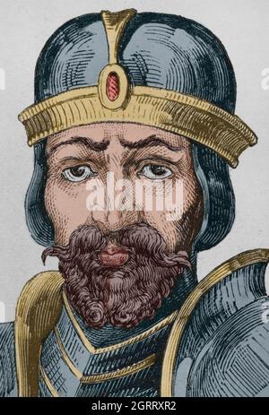 Roderick (Rodrigo). Le dernier roi Visigothic (710 à 711). Il a perdu le trône lorsque la péninsule ibérique a été envahie par les musulmans. Portrait. Gravure. Coloration ultérieure. Las Glorias Nacionales. Volume II, édition Madrid-Barcelone, 1853. Banque D'Images