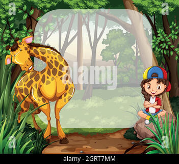 Petite fille et girafe dans les bois Illustration de Vecteur