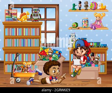 Scène avec les enfants jouant dans la chambre Illustration de Vecteur
