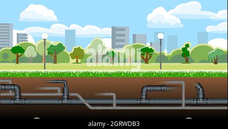 Pipeline à diverses fins. Ingénierie des structures de ville. Partie souterraine du système. Vecteur d'illustration. Illustration de Vecteur