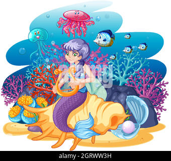 Sirène assise sur la coquille et l'animal de mer dans le style de dessin animé Illustration de Vecteur