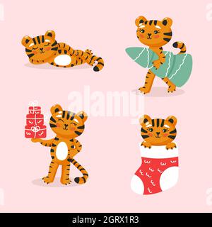 Illustration de noël à motif tigre chinois. Ensemble animal mignon. Adorable collection de chats Illustration de Vecteur