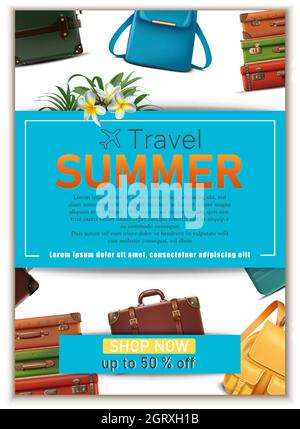 Bannière de voyage Vector. 3d réaliste bagages, voyage d'été touriste concept flyer. Illustration de Vecteur