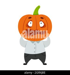 Personnage de citrouille d'Halloween amusant. Costume de fête pour une fête effrayante. Expression faciale effrayée. Imprimé sympa avec monstre pour les fournitures scolaires pour enfants, Illustration de Vecteur