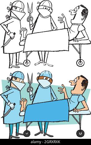 Un dessin animé rétro vintage d'un patient sur une table d'opération donnant des conseils à ses propres chirurgiens. Illustration de Vecteur