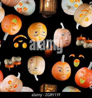 Motif Halloween sans couture, différentes citrouilles avec des sourires crasseux sur fond noir Banque D'Images