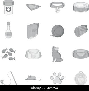 Ensemble d'icônes d'accessoires pour chats, style monochrome Illustration de Vecteur