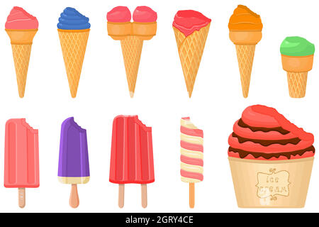 grand kit crème glacée popsicle différents types dans le cône gaufré tasse Illustration de Vecteur