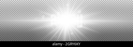 Lumière argentée sur fond transparent. Effet lumineux. Étoile blanche réaliste avec rayons. Flash abstrait avec particules d'argent. Vecteur Illustration de Vecteur