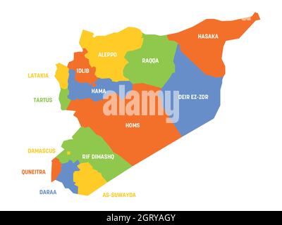 Carte politique colorée de la Syrie. Divisions administratives - gouvernorats. Carte vectorielle plate simple avec étiquettes. Illustration de Vecteur